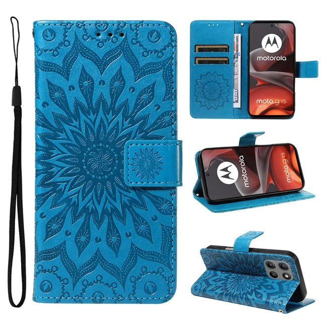 For Motorola Moto G15 4G Leather Wallet Case Sunflower Imprinted Phone Cover - Blue