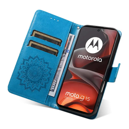 For Motorola Moto G15 4G Leather Wallet Case Sunflower Imprinted Phone Cover
