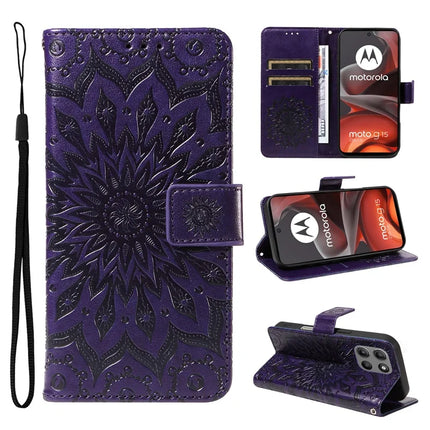 For Motorola Moto G15 4G Leather Wallet Case Sunflower Imprinted Phone Cover - Purple