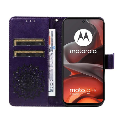 For Motorola Moto G15 4G Leather Wallet Case Sunflower Imprinted Phone Cover