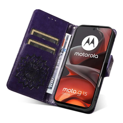 For Motorola Moto G15 4G Leather Wallet Case Sunflower Imprinted Phone Cover