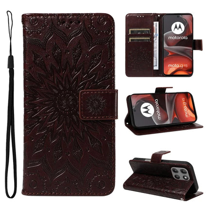 For Motorola Moto G15 4G Leather Wallet Case Sunflower Imprinted Phone Cover - Brown
