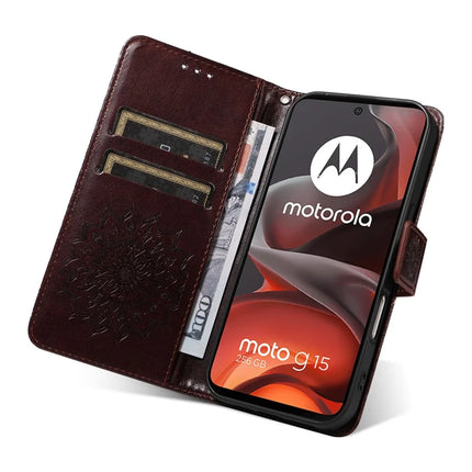 For Motorola Moto G15 4G Leather Wallet Case Sunflower Imprinted Phone Cover