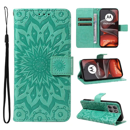 For Motorola Moto G15 4G Leather Wallet Case Sunflower Imprinted Phone Cover - Green
