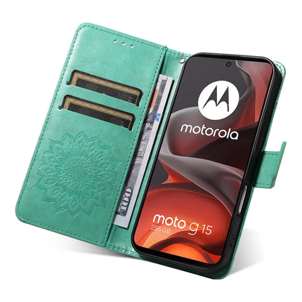 For Motorola Moto G15 4G Leather Wallet Case Sunflower Imprinted Phone Cover