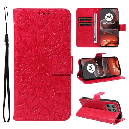 For Motorola Moto G15 4G Leather Wallet Case Sunflower Imprinted Phone Cover - Red