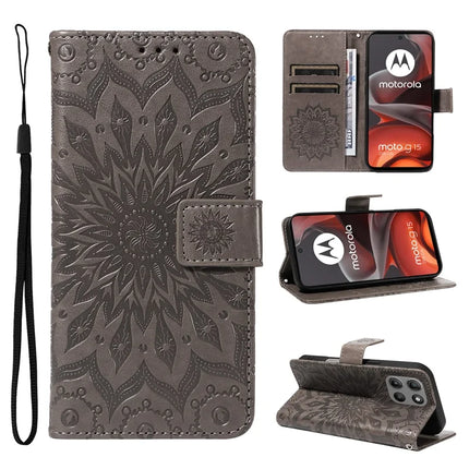 For Motorola Moto G15 4G Leather Wallet Case Sunflower Imprinted Phone Cover - Grey