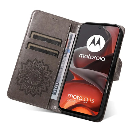 For Motorola Moto G15 4G Leather Wallet Case Sunflower Imprinted Phone Cover