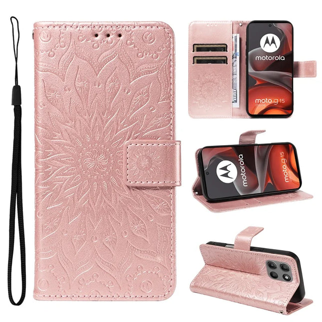 For Motorola Moto G15 4G Leather Wallet Case Sunflower Imprinted Phone Cover -  Rose Gold