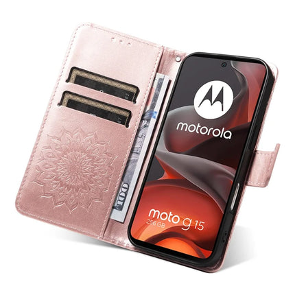 For Motorola Moto G15 4G Leather Wallet Case Sunflower Imprinted Phone Cover -  Rose Gold