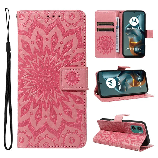For Motorola Moto G05 4G Leather Wallet Case Sunflower Imprinted Phone Cover - Pink