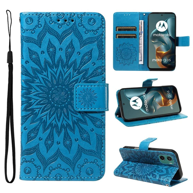 For Motorola Moto G05 4G Leather Wallet Case Sunflower Imprinted Phone Cover - Blue