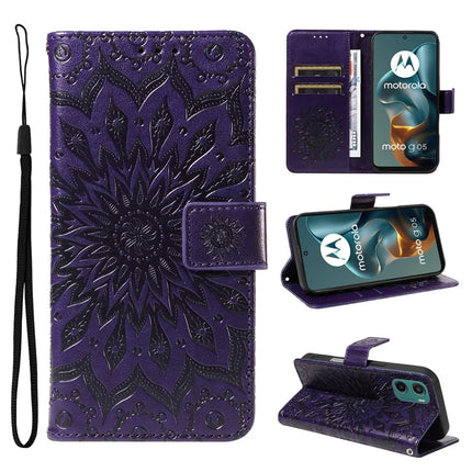 For Motorola Moto G05 4G Leather Wallet Case Sunflower Imprinted Phone Cover - Purple