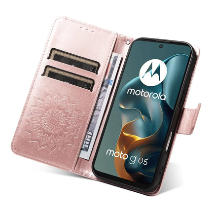For Motorola Moto G05 4G Leather Wallet Case Sunflower Imprinted Phone Cover -  Rose Gold