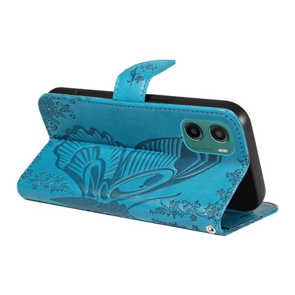 For Motorola Moto G15 4G Case Butterfly Pattern PU Leather Folio Flip Phone Cover -  Blue