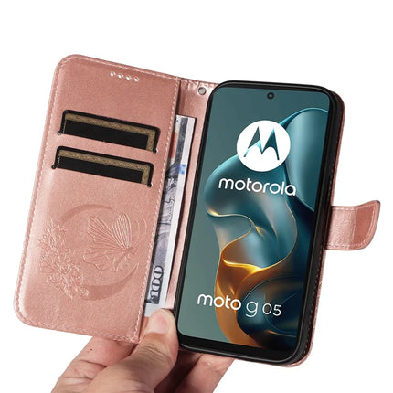 For Motorola Moto G15 4G Case Butterfly Pattern PU Leather Folio Flip Phone Cover -  Rose Gold