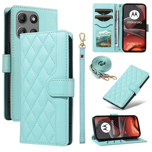 For Motorola Moto G15 4G / Motorola Moto G15 Power 4G Wallet Case Rhombus Leather Phone Cover with Strap - Green