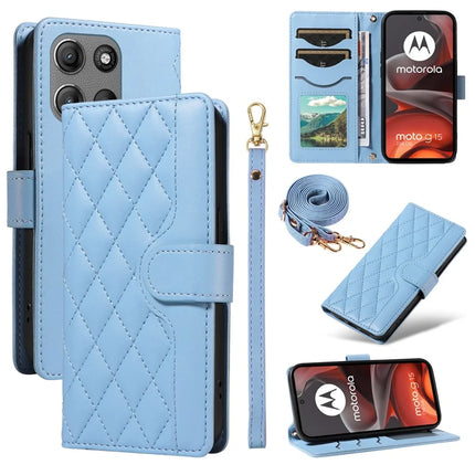 For Motorola Moto G15 4G / Motorola Moto G15 Power 4G Wallet Case Rhombus Leather Phone Cover with Strap - Blue