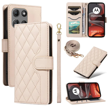 For Motorola Moto G15 4G / Motorola Moto G15 Power 4G Wallet Case Rhombus Leather Phone Cover with Strap - Apricot