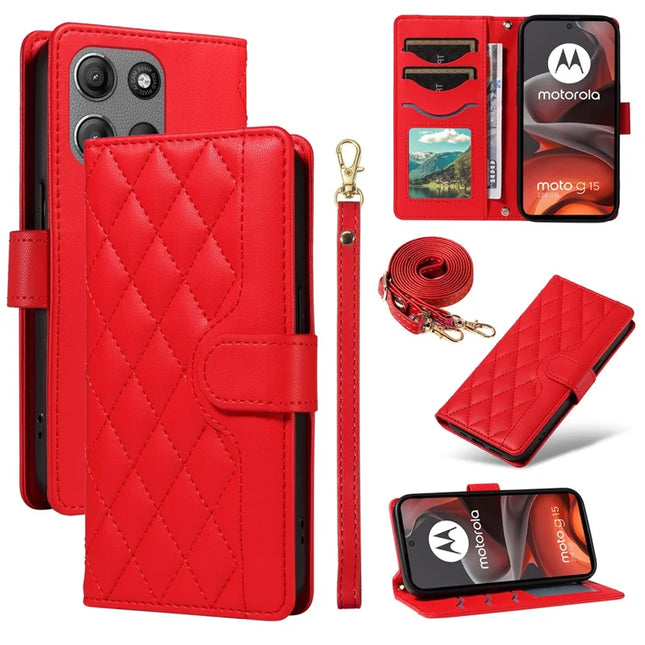 For Motorola Moto G15 4G / Motorola Moto G15 Power 4G Wallet Case Rhombus Leather Phone Cover with Strap -  Red