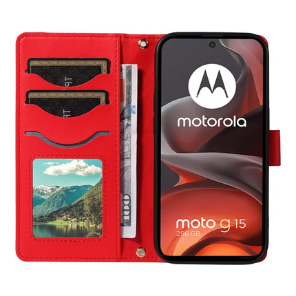 For Motorola Moto G15 4G / Motorola Moto G15 Power 4G Wallet Case Rhombus Leather Phone Cover with Strap -  Red