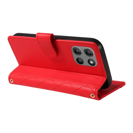 For Motorola Moto G15 4G / Motorola Moto G15 Power 4G Wallet Case Rhombus Leather Phone Cover with Strap -  Red