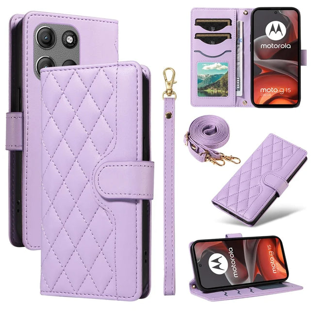 For Motorola Moto G15 4G / Motorola Moto G15 Power 4G Wallet Case Rhombus Leather Phone Cover with Strap -  Light Purple