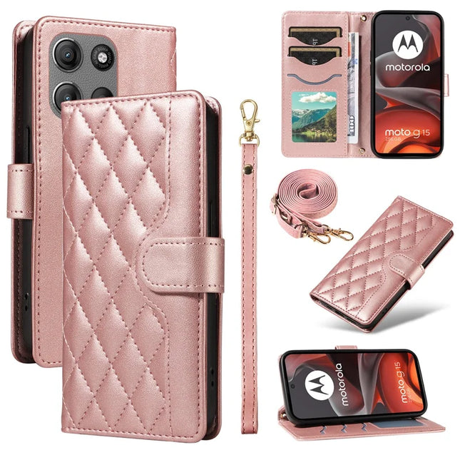 For Motorola Moto G15 4G / Motorola Moto G15 Power 4G Wallet Case Rhombus Leather Phone Cover with Strap -  Rose Gold