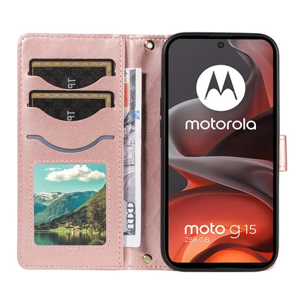For Motorola Moto G15 4G / Motorola Moto G15 Power 4G Wallet Case Rhombus Leather Phone Cover with Strap -  Rose Gold