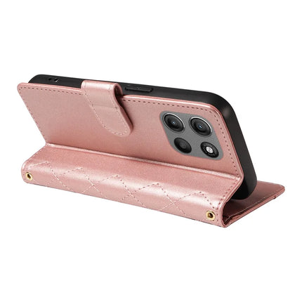 For Motorola Moto G15 4G / Motorola Moto G15 Power 4G Wallet Case Rhombus Leather Phone Cover with Strap -  Rose Gold