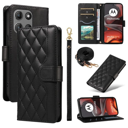 For Motorola Moto G15 4G / Motorola Moto G15 Power 4G Wallet Case Rhombus Leather Phone Cover with Strap - Black