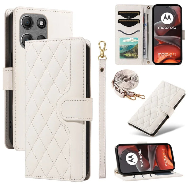For Motorola Moto G15 4G / Motorola Moto G15 Power 4G Wallet Case Rhombus Leather Phone Cover with Strap - White