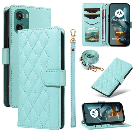 For Motorola Moto G05 4G Wallet Case Rhombus Leather Phone Cover with Strap - Green