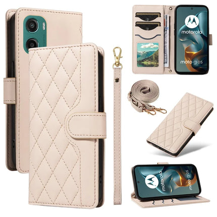 For Motorola Moto G05 4G Wallet Case Rhombus Leather Phone Cover with Strap - Apricot