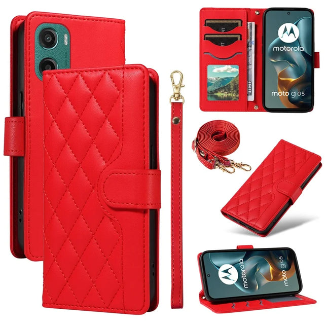 For Motorola Moto G05 4G Wallet Case Rhombus Leather Phone Cover with Strap -  Red