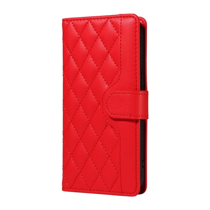 For Motorola Moto G05 4G Wallet Case Rhombus Leather Phone Cover with Strap -  Red