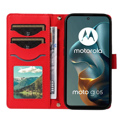 For Motorola Moto G05 4G Wallet Case Rhombus Leather Phone Cover with Strap -  Red