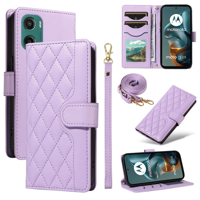 For Motorola Moto G05 4G Wallet Case Rhombus Leather Phone Cover with Strap -  Light Purple