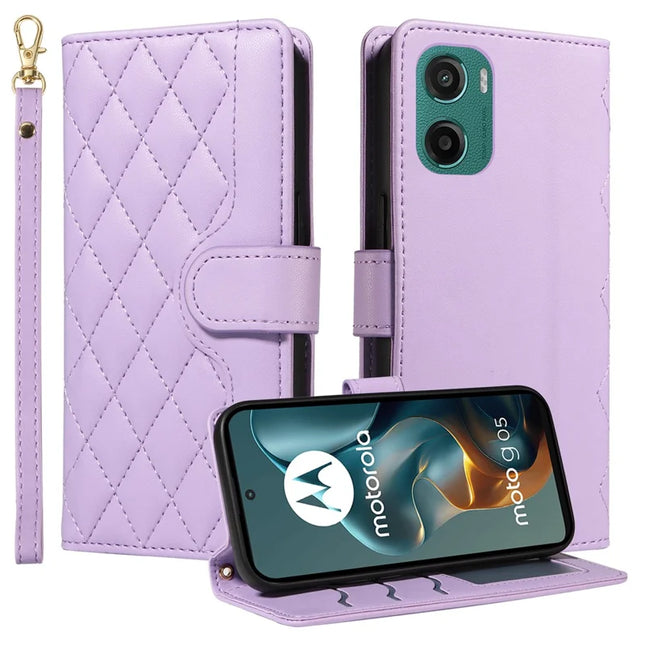 For Motorola Moto G05 4G Wallet Case Rhombus Leather Phone Cover with Strap -  Light Purple