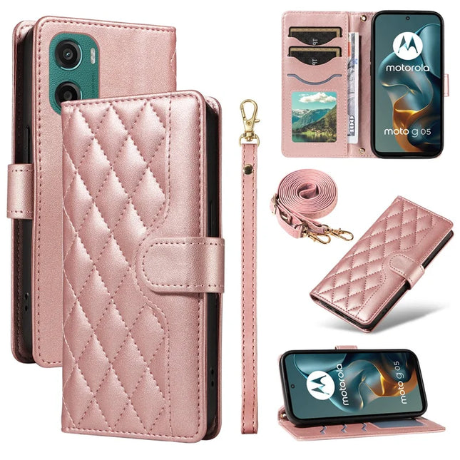 For Motorola Moto G05 4G Wallet Case Rhombus Leather Phone Cover with Strap -  Rose Gold