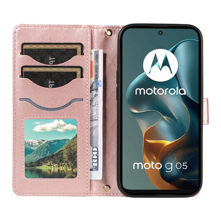 For Motorola Moto G05 4G Wallet Case Rhombus Leather Phone Cover with Strap -  Rose Gold