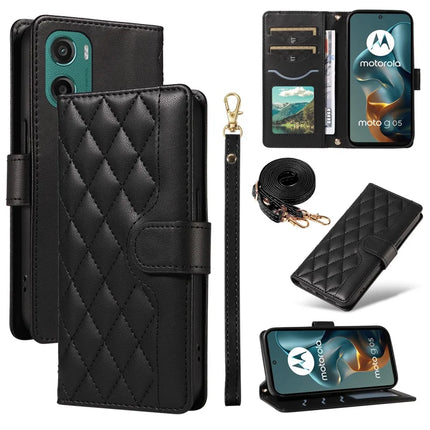 For Motorola Moto G05 4G Wallet Case Rhombus Leather Phone Cover with Strap - Black