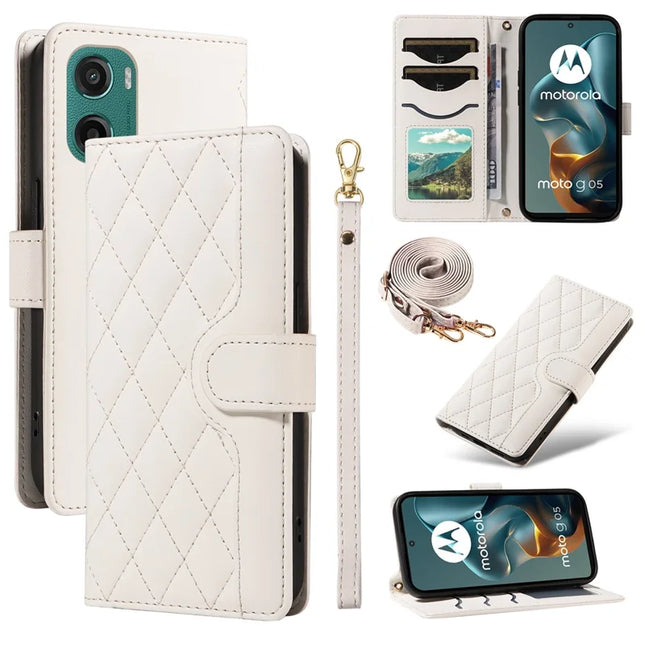 For Motorola Moto G05 4G Wallet Case Rhombus Leather Phone Cover with Strap - White
