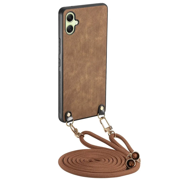 For Samsung Galaxy A05 4G Retro Leather Phone Back Cover with Adjustable Strap - Brown