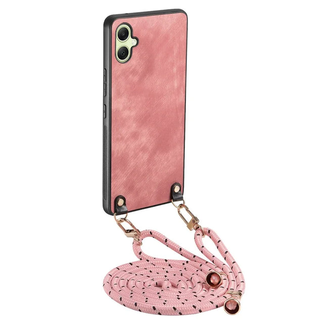 For Samsung Galaxy A05 4G Retro Leather Phone Back Cover with Adjustable Strap - Pink