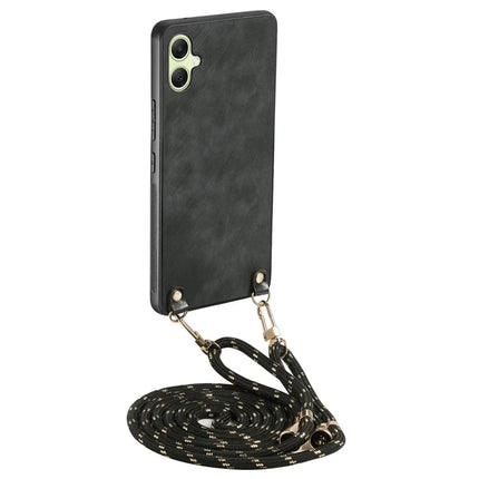 For Samsung Galaxy A05 4G Retro Leather Phone Back Cover with Adjustable Strap - Black