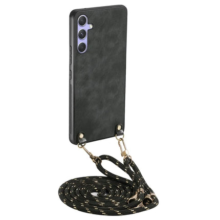 For Samsung Galaxy S23 FE Retro Leather Phone Back Cover with Adjustable Strap - Black