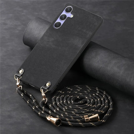 For Samsung Galaxy S23 FE Retro Leather Phone Back Cover with Adjustable Strap