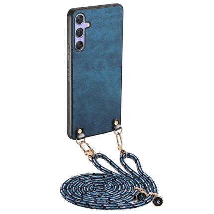For Samsung Galaxy S23 FE Retro Leather Phone Back Cover with Adjustable Strap - Blue
