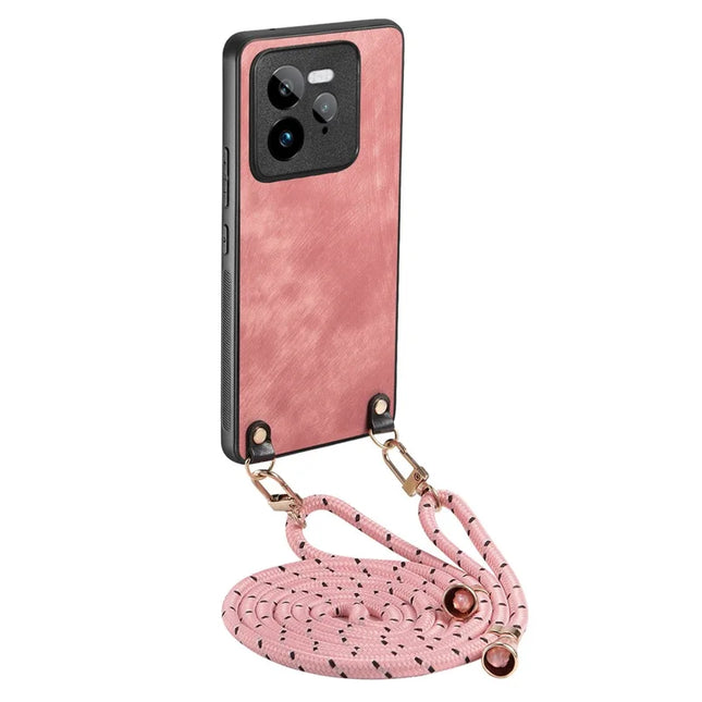 For Realme GT 7 Pro 5G Retro Leather Phone Back Cover with Adjustable Strap - Pink